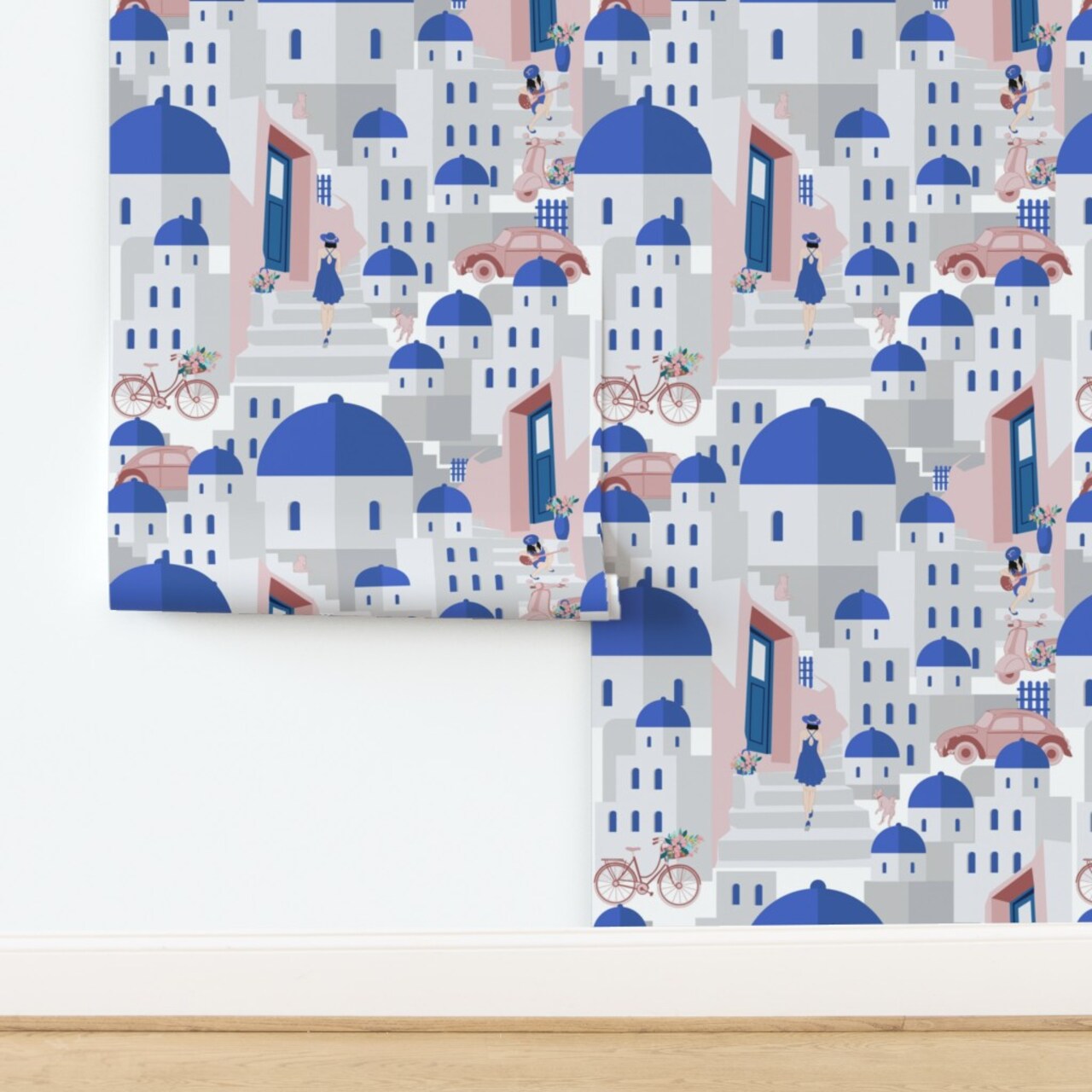 Travel Vacation Mediterranean Greece Holiday Houses Blue Santorini House Bike Car Flowers Homes Scooter Musician Novelty Neighborhood Greek Custom Removable Wallpaper by Spoonflower Peel & Stick Wallpaper 2FT Wide